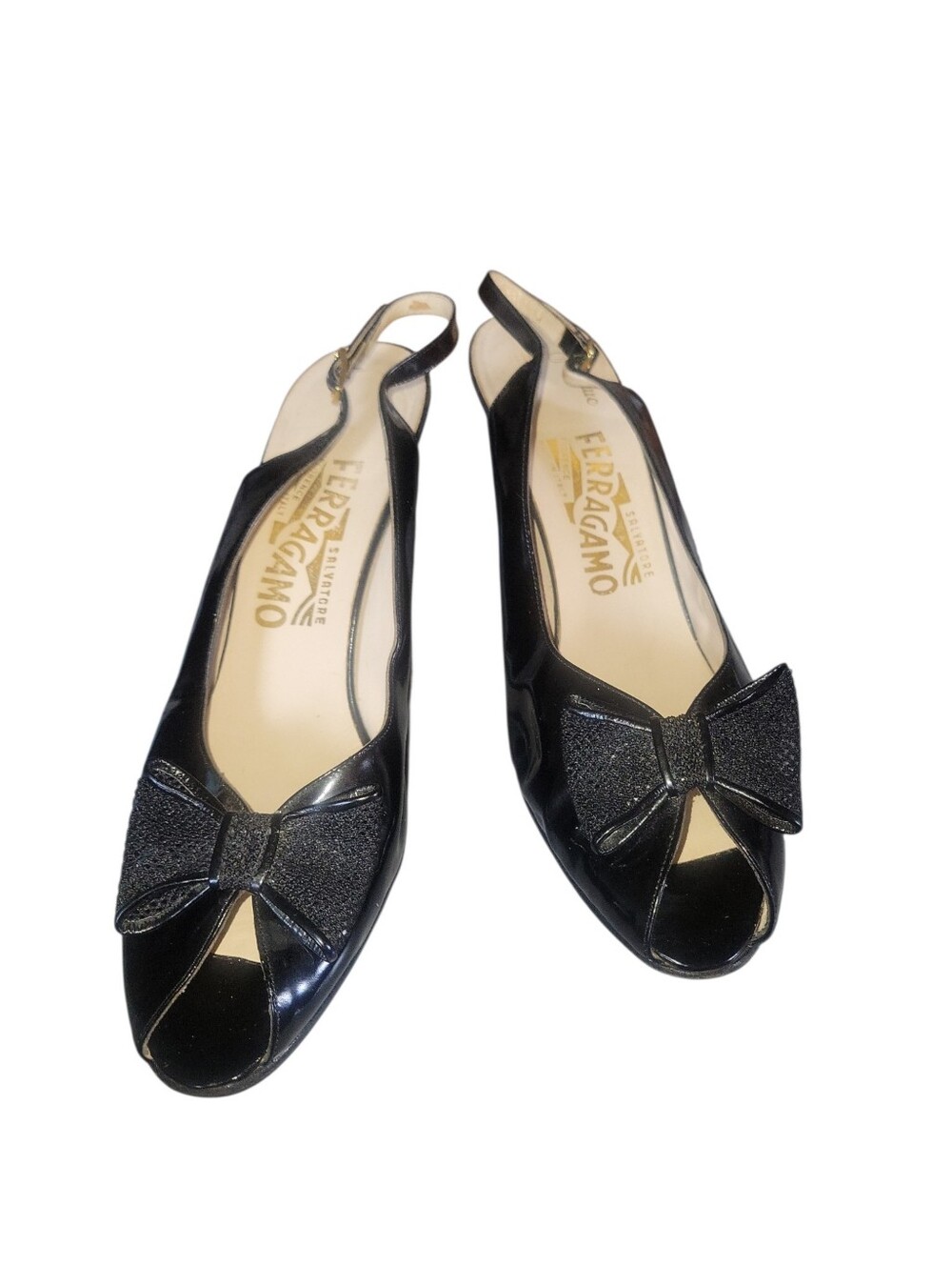 Salvatore Ferragamo Black Vintage Patent Peep-Toe Slingback Flats with Bow  9AA